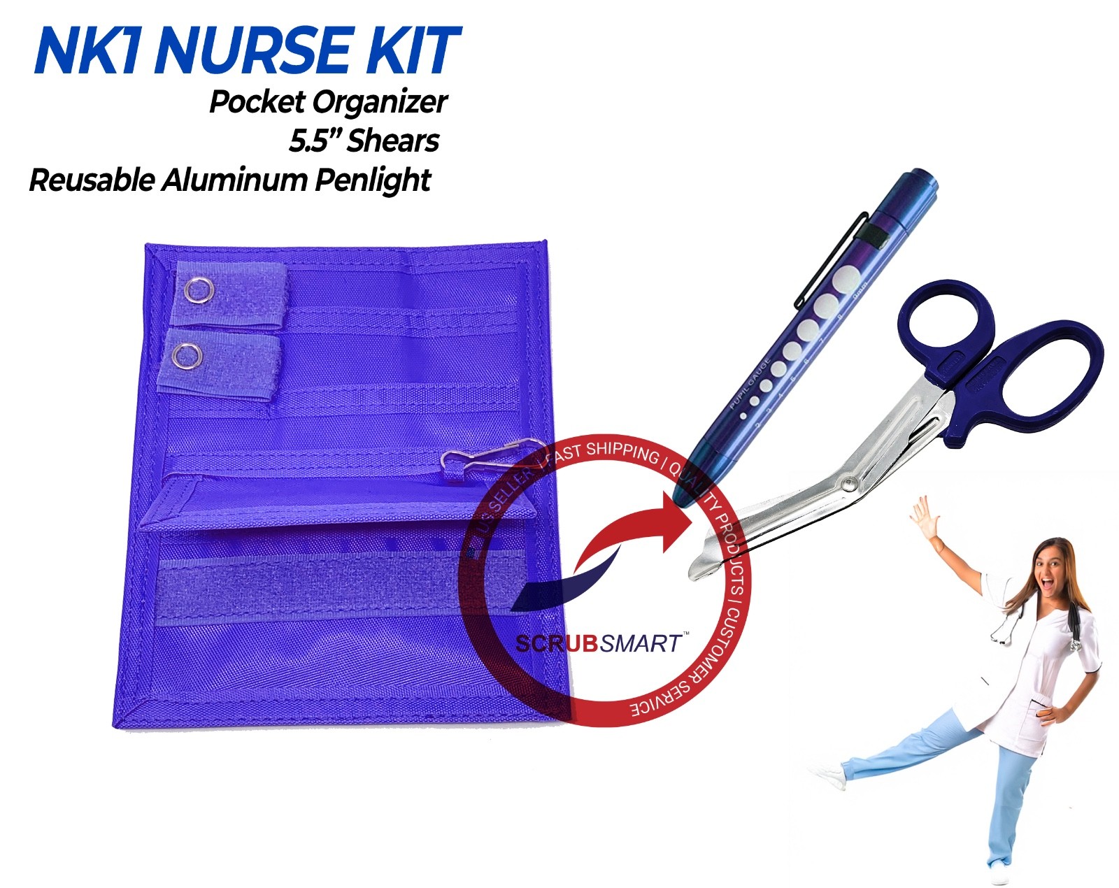 NK1 Nurse 3 Pc Kit Pocket Organizer with Medical Penlight & 5.5″ Shears – Royal