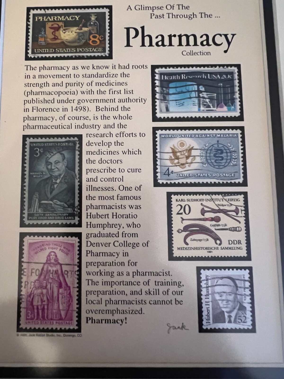 Framed History Of Pharmacy Stamps Jack Rabbit Professional Frame Pharmacist