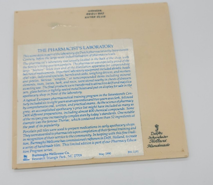 Burroughs Wellcome Delft Holland Pharmacy Pill Tile Pharmacist’s Laboratory 1990