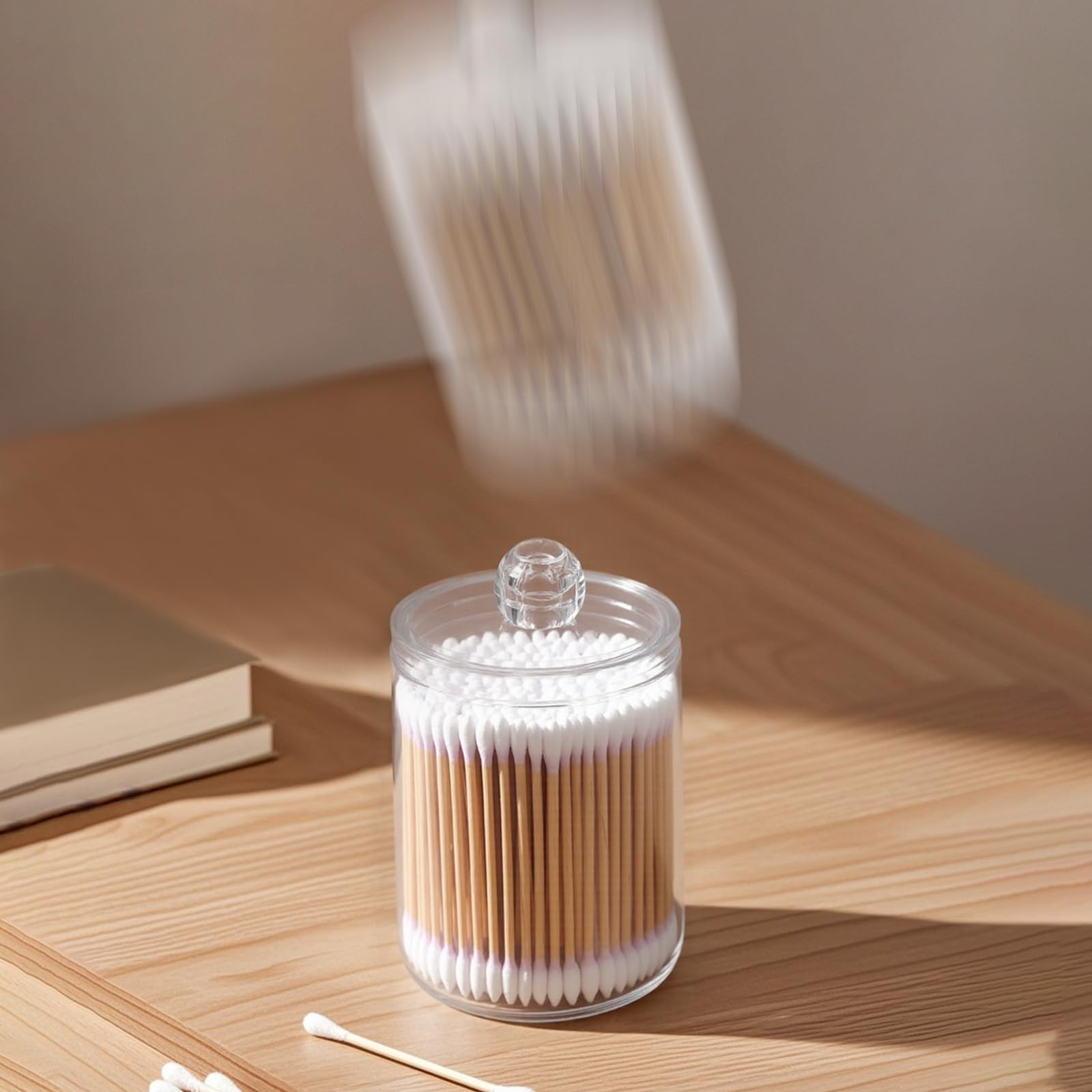Q Tip Holder for Bathroom, 2-Pack Clear Plastic Apothecary Jars with Lids Set…