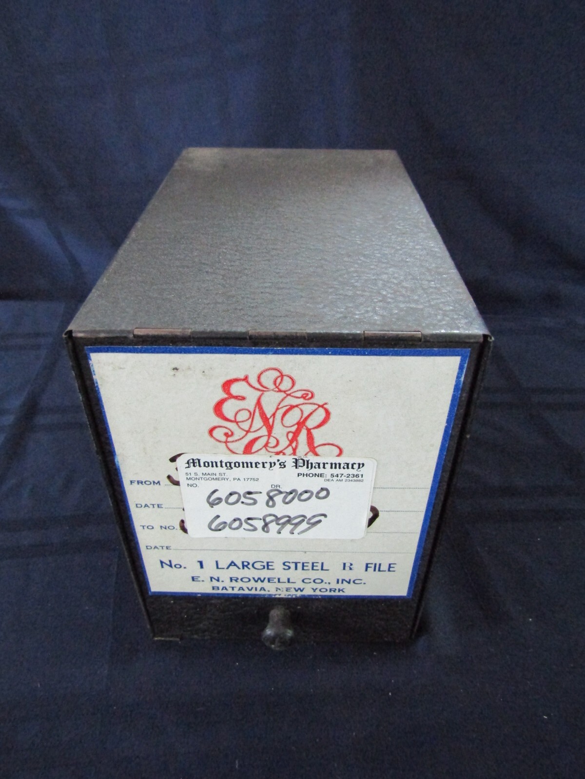 Vintage ENR E. N. Rowell No 1 Steel RX File- Montgomery PA Miller’s Pharmacy
