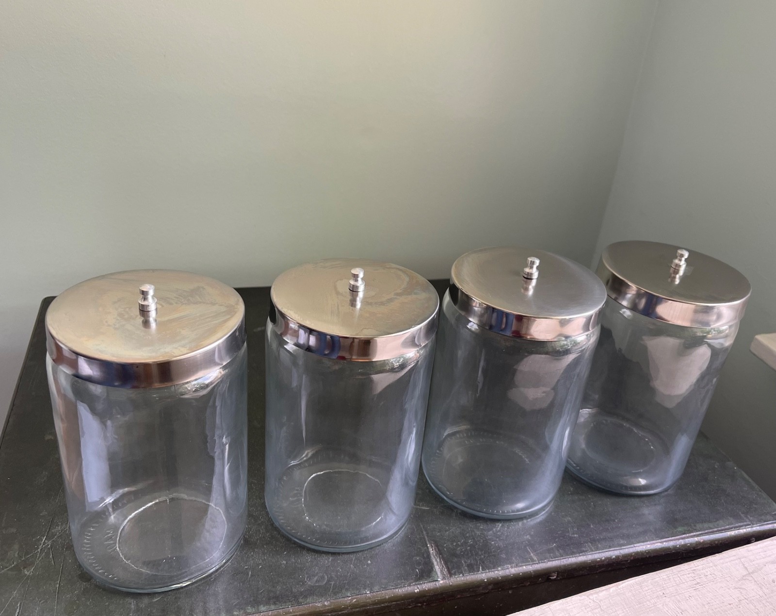 Set of 4 Medical Sundry Glass Jar, 4-inch outside diameter, used. LOT