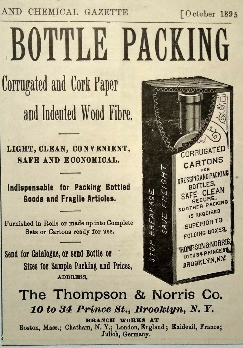 1895 Brooklyn Thompson & Norris Box Pharmaceutical Bottles Art Vintage Print Ad