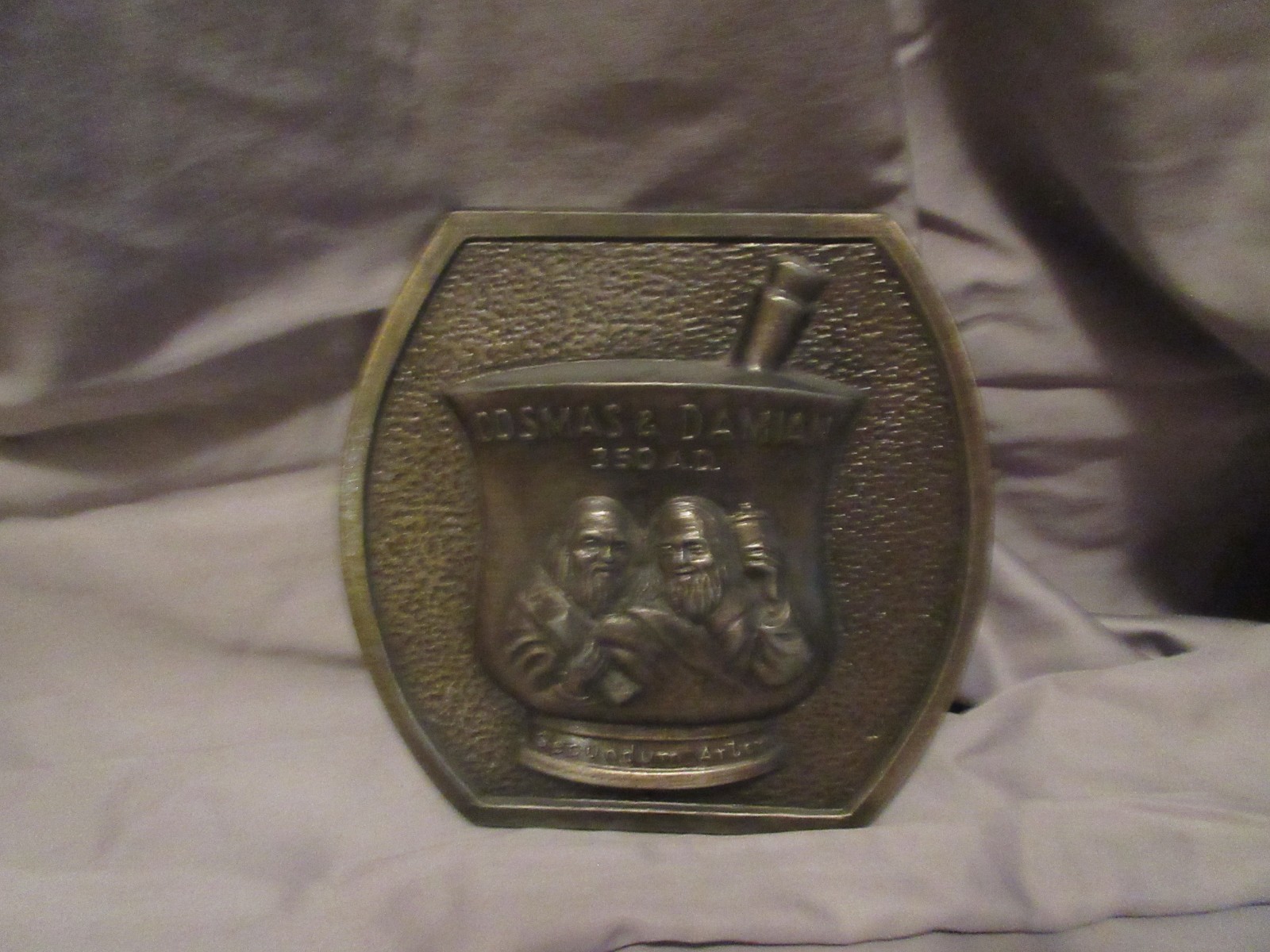 Vtg. Cosmas And Damian Bronze Brass Pomo Plaque Advertising Pharmacy Apothecary