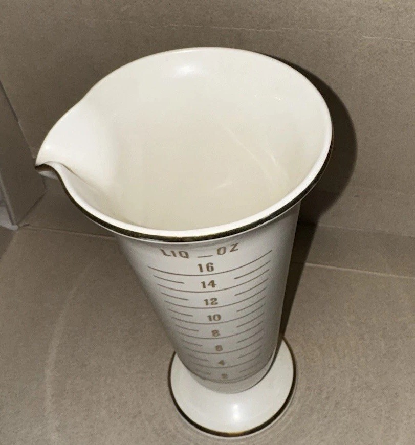 Vintage Owens Illinois Pharmacy Porcelain Measuring Cup Gold Trim 9″ Tall Beaker