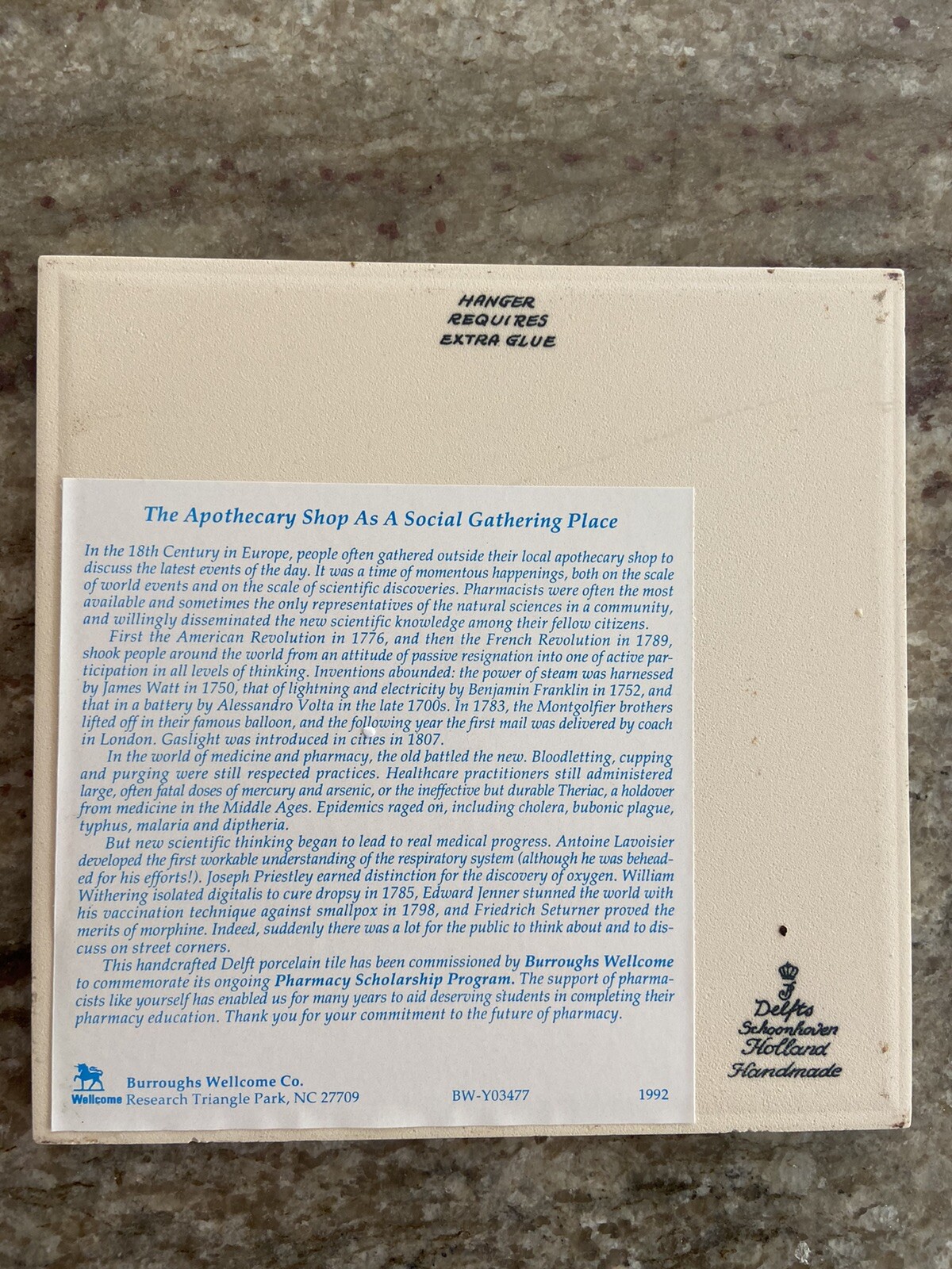 BURROUGHS WELLCOME Pharmacy Tile Apothecary Shop As Gathering Place DELFT Tile