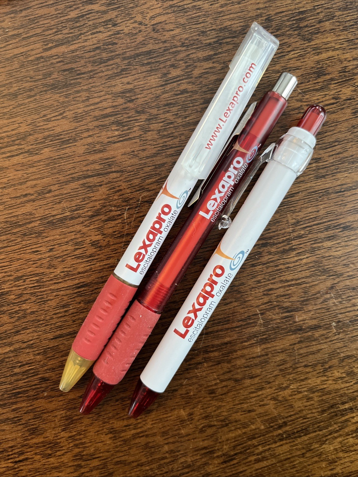 Lot of 3 Lexapro Medical Drug Rep Pharmaceutical Pens Red Grip White Gold Forest