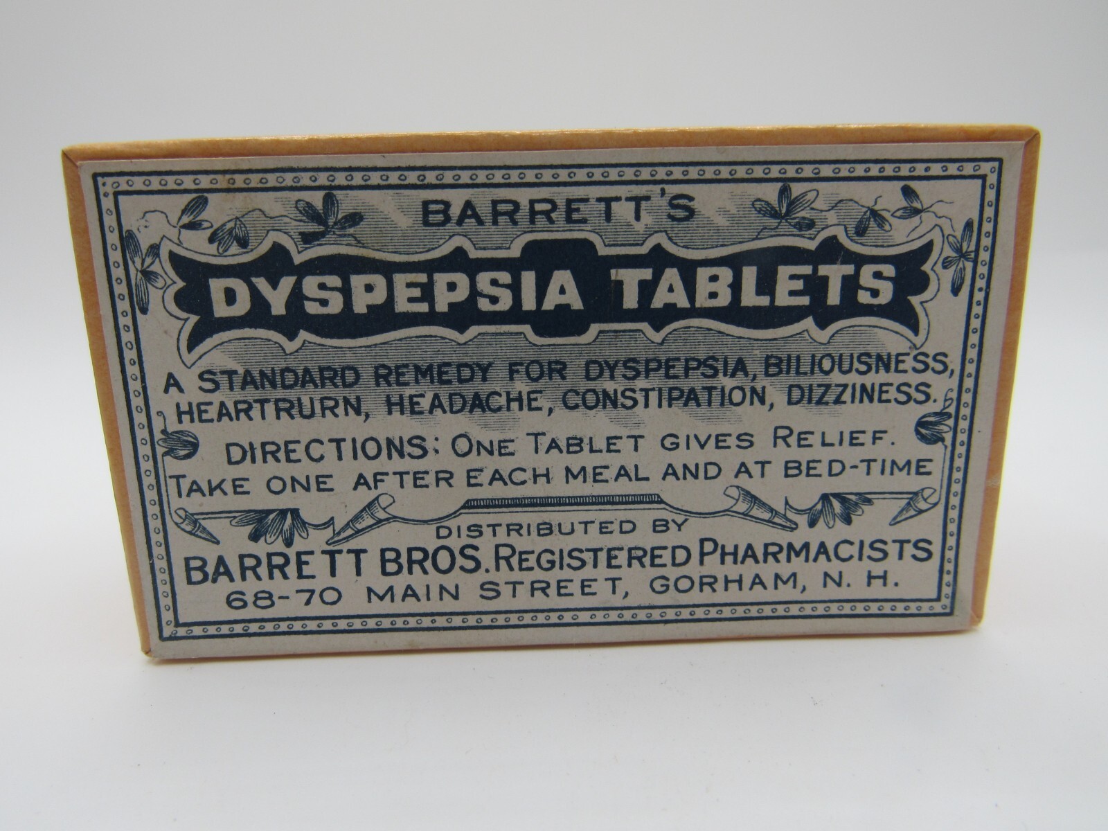 Vintage Cardboard Prescription Pill Box Barrett Bros. Pharmacy Gorham NH 3”