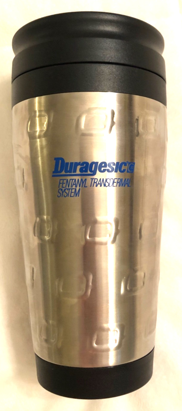 Lot of 2 Duragesic Fentanyl Travel Mugs Pharmaceutical Sales Merch Rare HTF