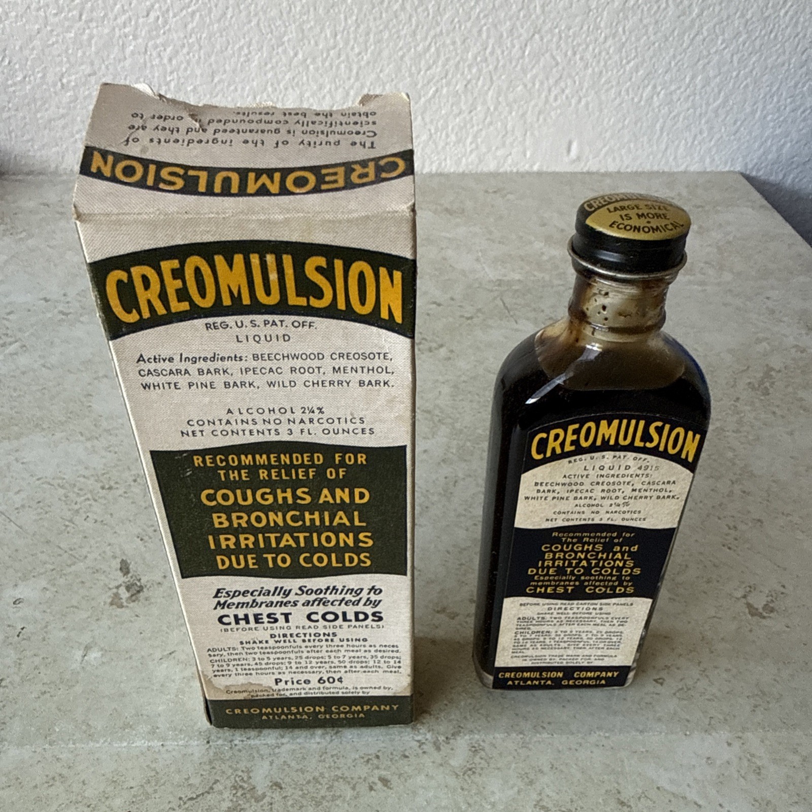 Vintage Creomulsion Coughs Bronchial Atlanta Ga 7 3/4 ” Medicine bottle Box