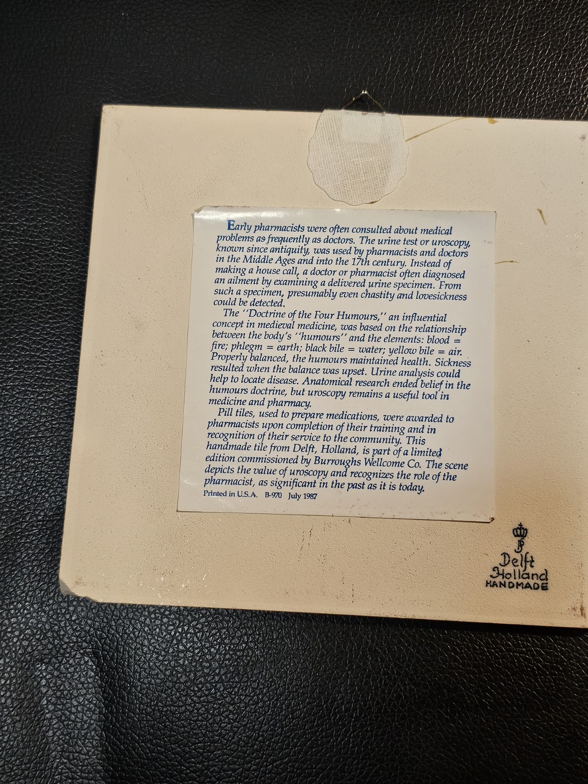 VTG Crown Delfts Handmade Holland The Pharmacist Award Pill Tile