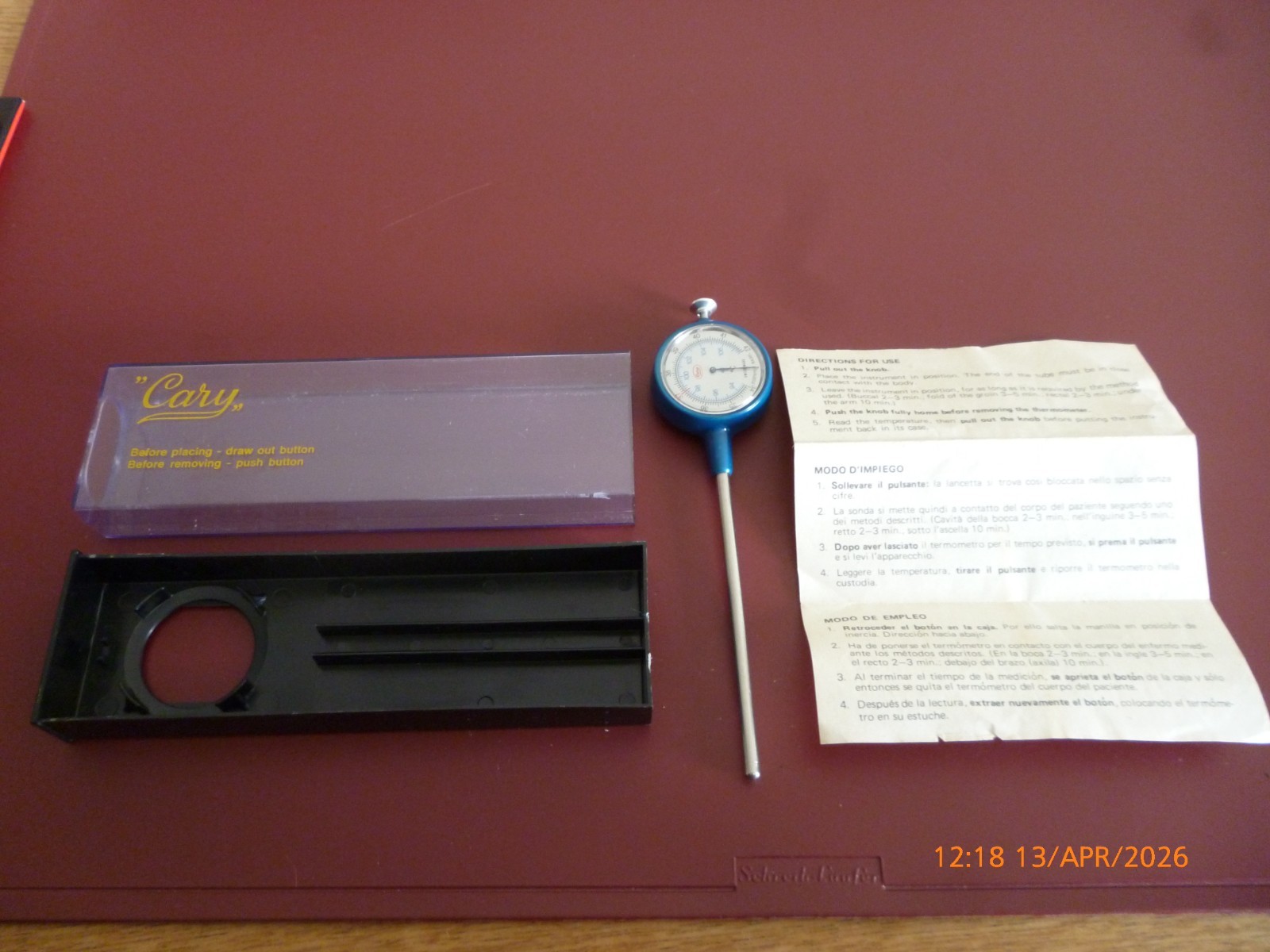 CARY SWISS MADE BODY INSTRUMENT/THERMOMETER ORIGINAL BOX/DIRECTIONS *RARE*