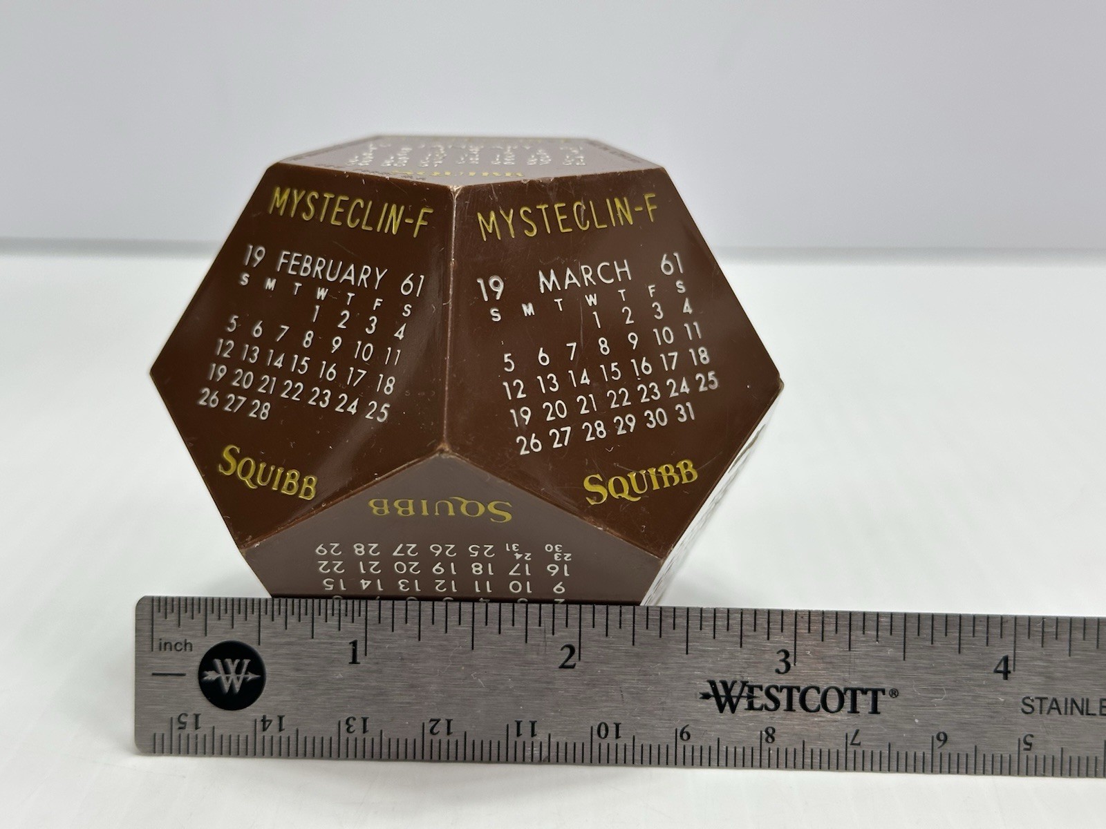 Vintage Advertising Squibb Mysteclin-F Medicine Paperweight Calendar 1961 Brown