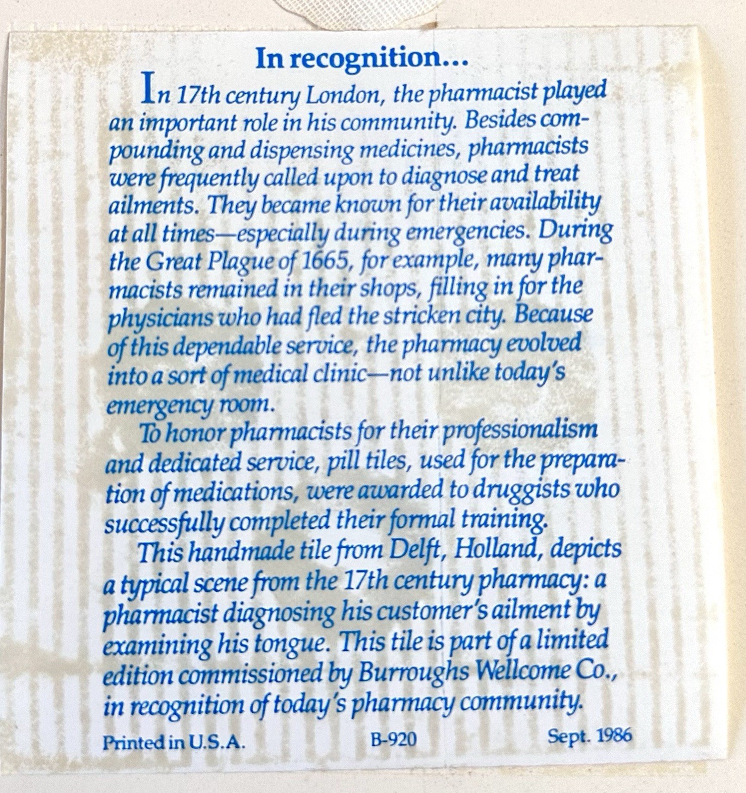 Vintage 1986 Delft Holland Blue Hand Painted Porcelain Tile Early Pharmacist 6×6