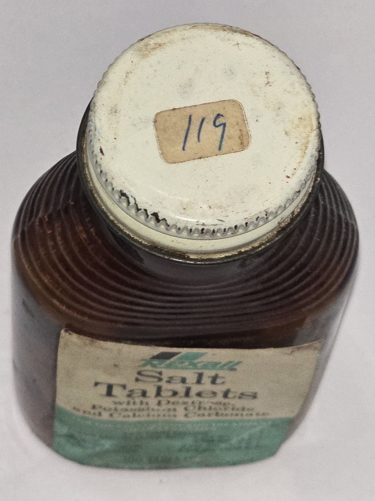 Vintage Rexall Salt Tablets Brown Glass Bottle With Metal Cap