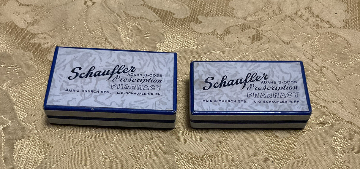Schaufler Pharmacy Drug Co. Cardboard Prescription Pill Box Belleville ILL 2pcs
