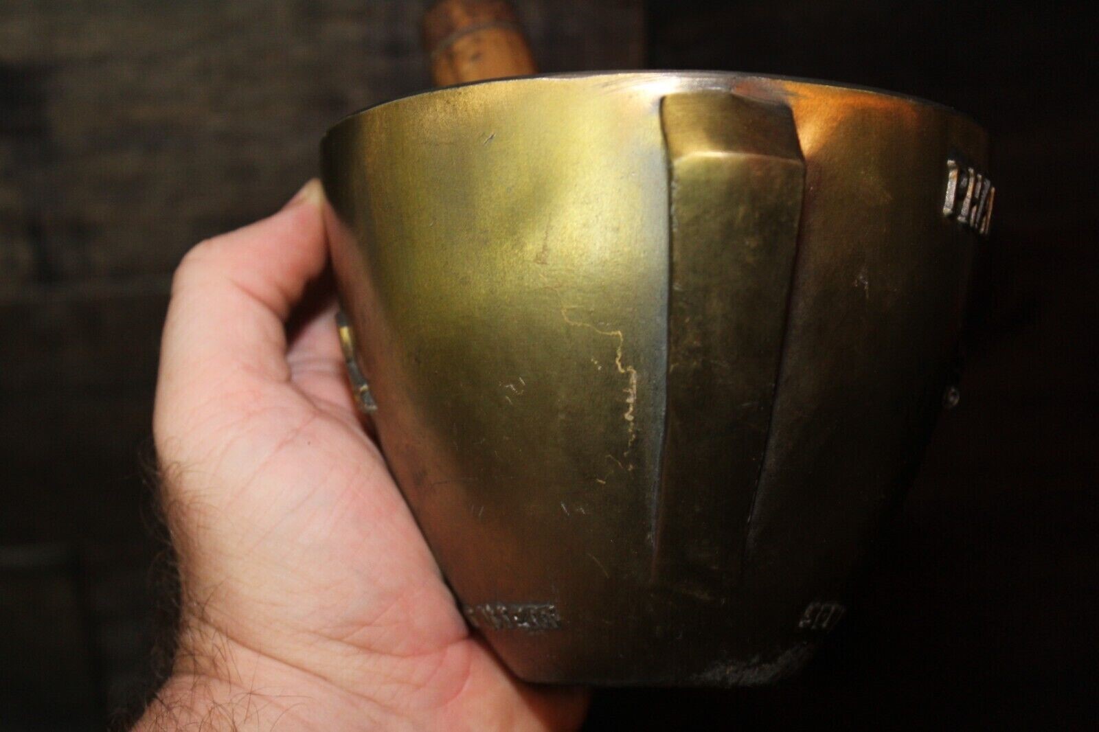 Vintage Brass Mortar Wood Pestle Secundum Artem Pharmacy Class 1969 Schering RX