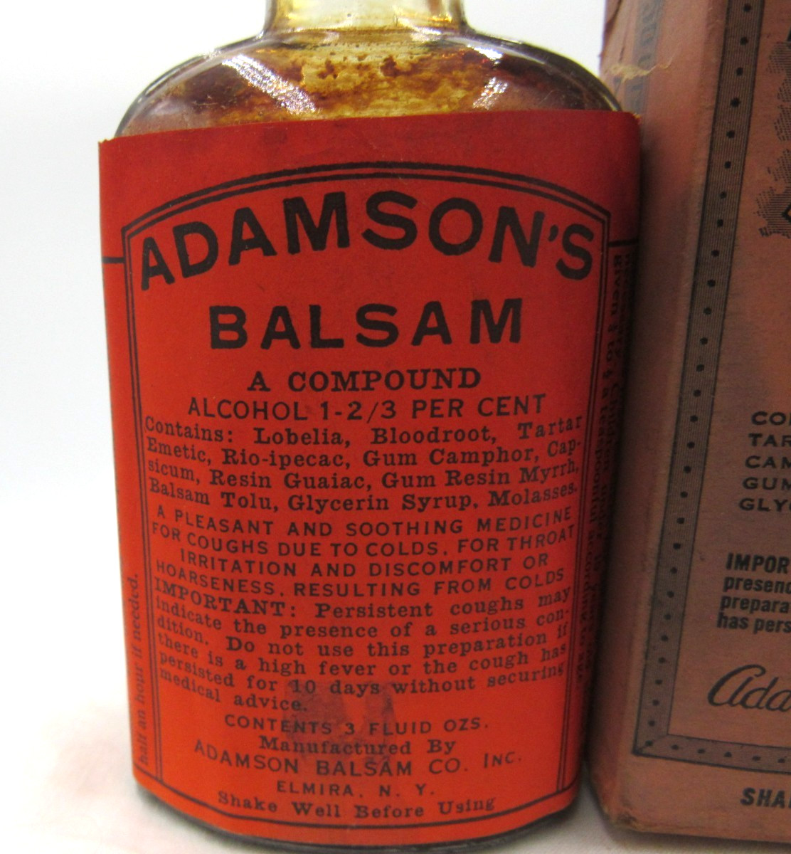 BW – 1930s Adamson’s Balsam Elmira NY 4 5/8 ” Medicine bottle Box No 2