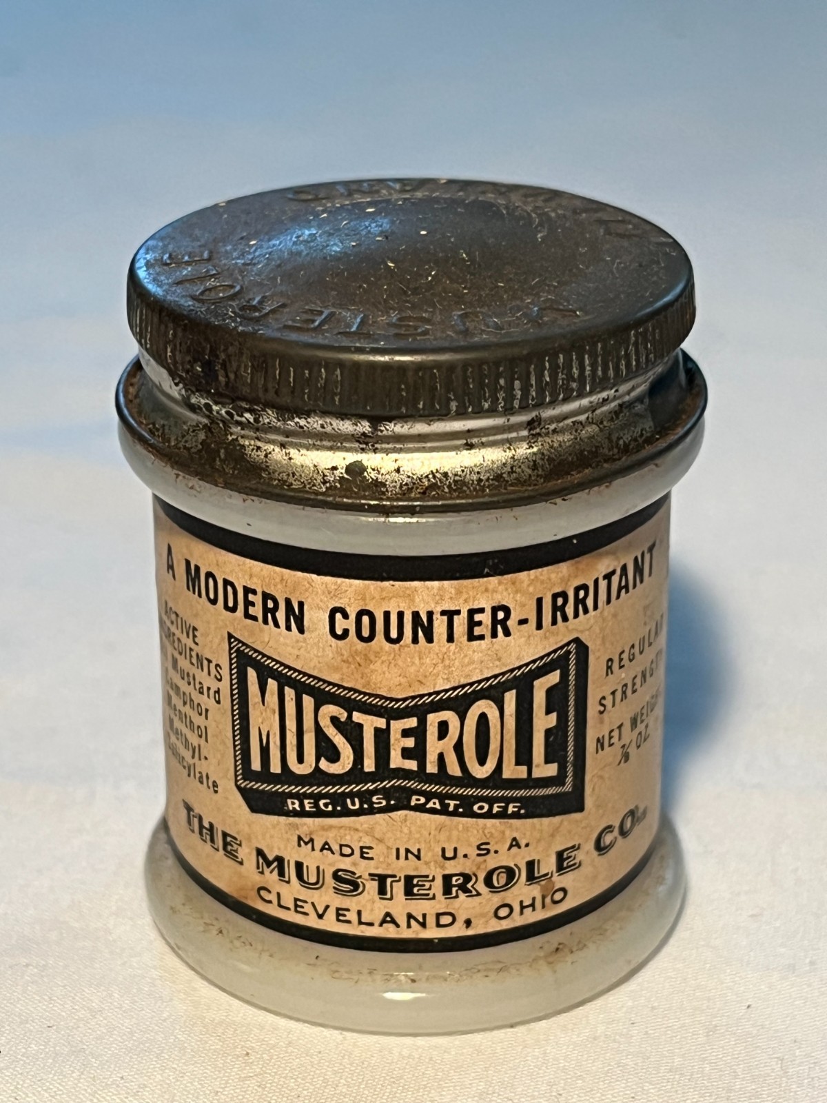 c1930s Musterole Ointment The Musterole Co. Cleveland Ohio, Milk Glass Jar