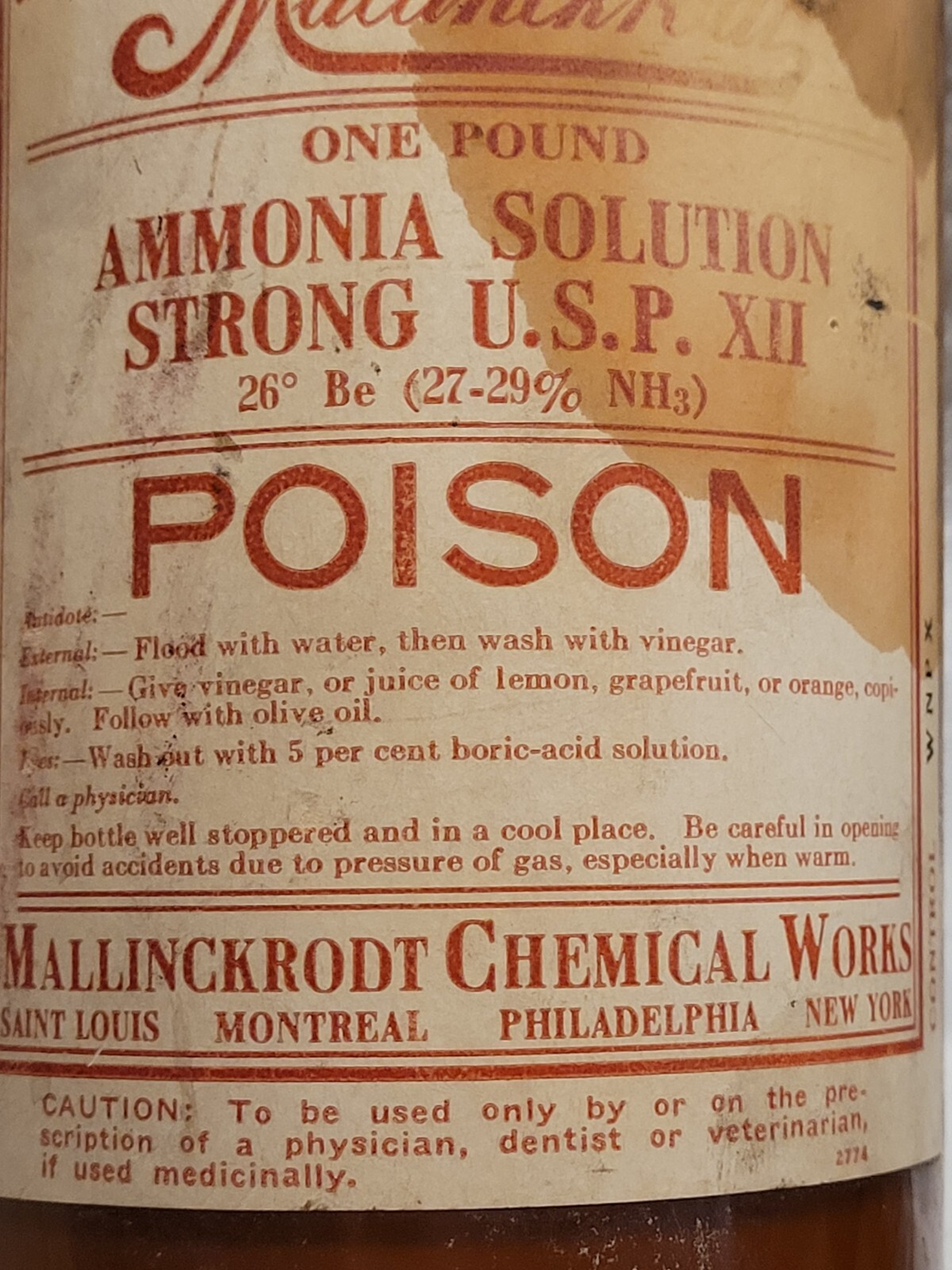 Large Mallinckrodt Poison Original Label And Lid Empty