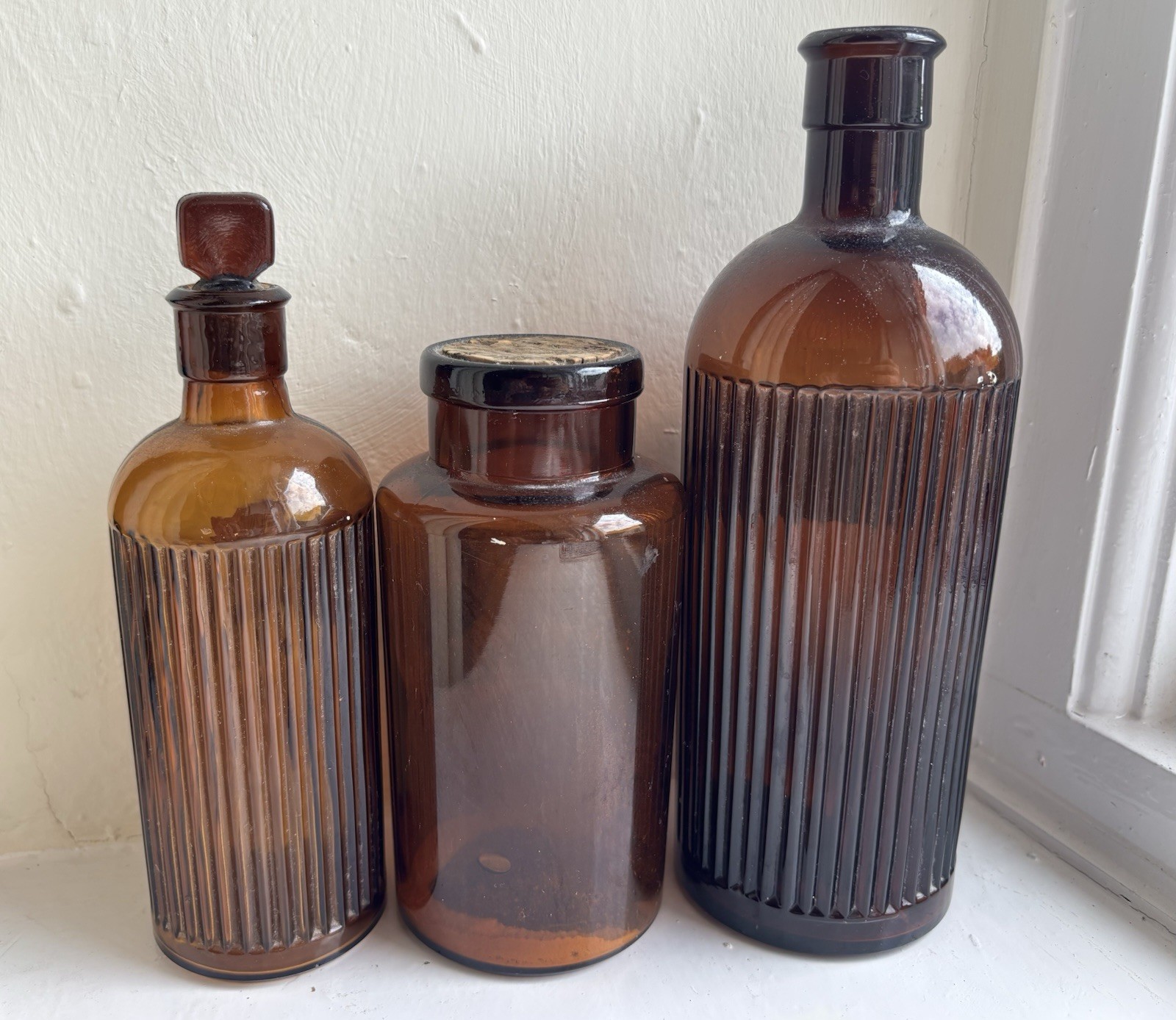 Three Antique Amber Glass Apothecary Medicine Bottles + Labels, Stopper & Cork