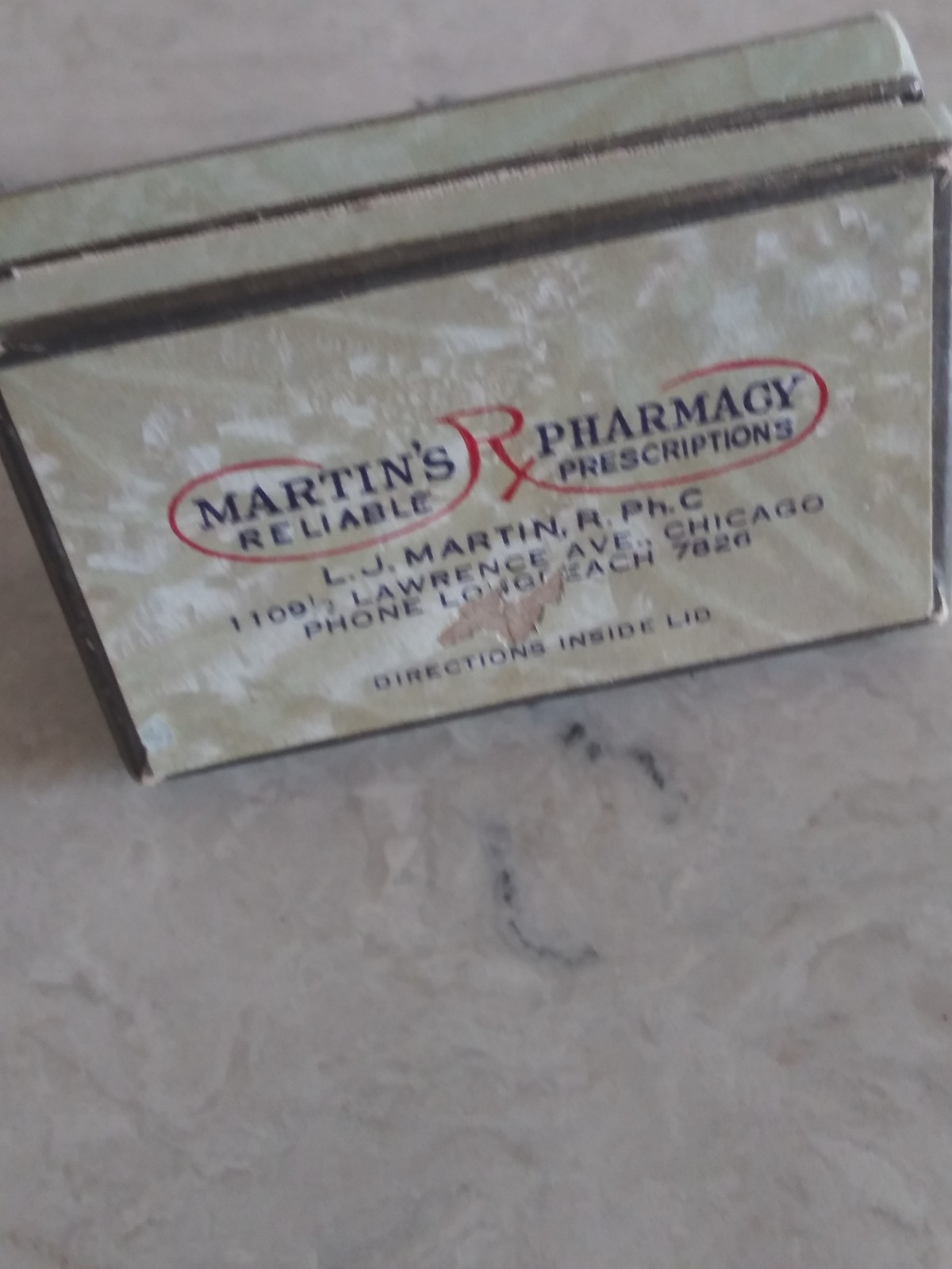 Vintage Drug Store Prescription Pill Box Martin’s Reliable Pharmacy 1942 Chicago