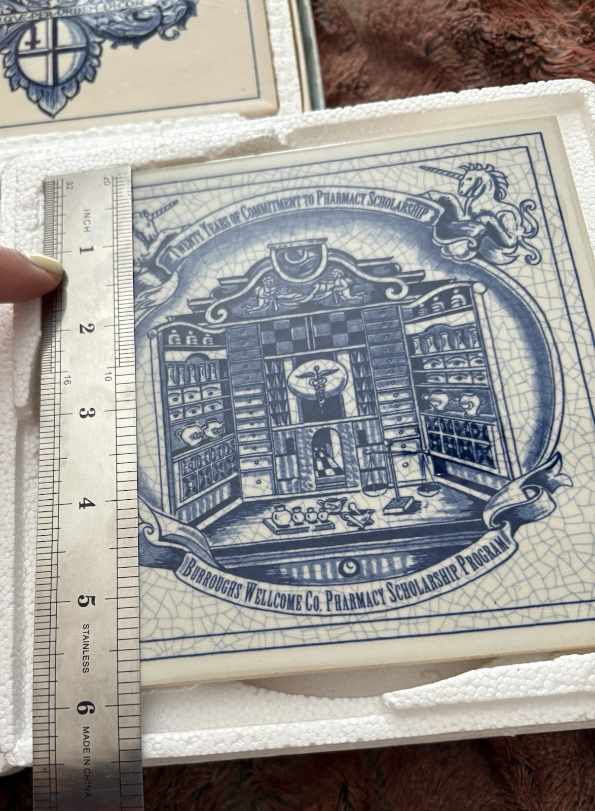 Lot of 3 Vtg Burroughs Wellcome Delft Holland Handmade 6×6″ Pharmacy Pill Tiles