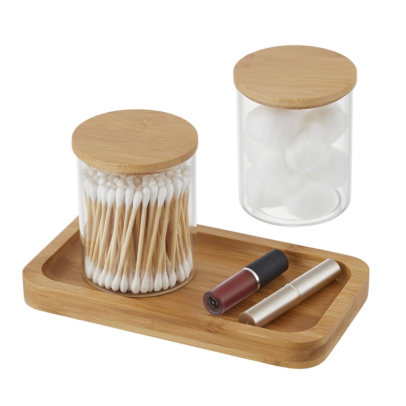 INIUNIK Glass Qtip Holder with Vanity Tray, Apothecary Jars Bathroom Accessor…