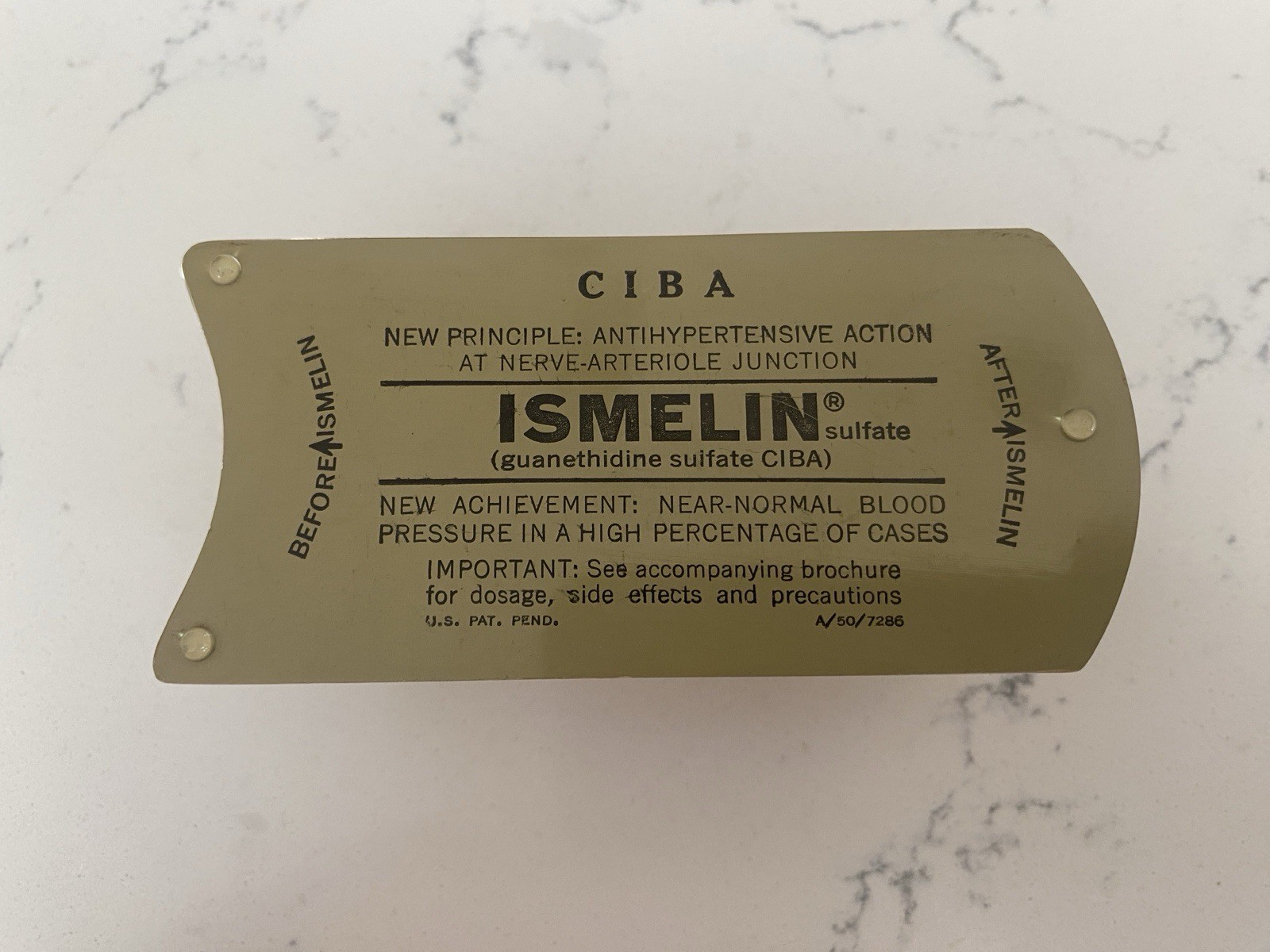 Rare 1960s CIBA Ismelin Promotional Pharmaceutical Drug Lucite Paperweight