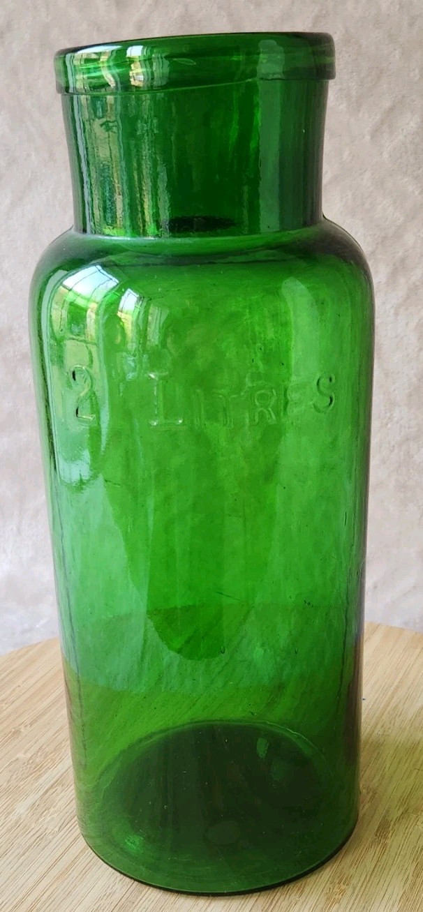 Vintage Large Glass Pharmacy Jar Or Pot Bullet 2 L Green Color