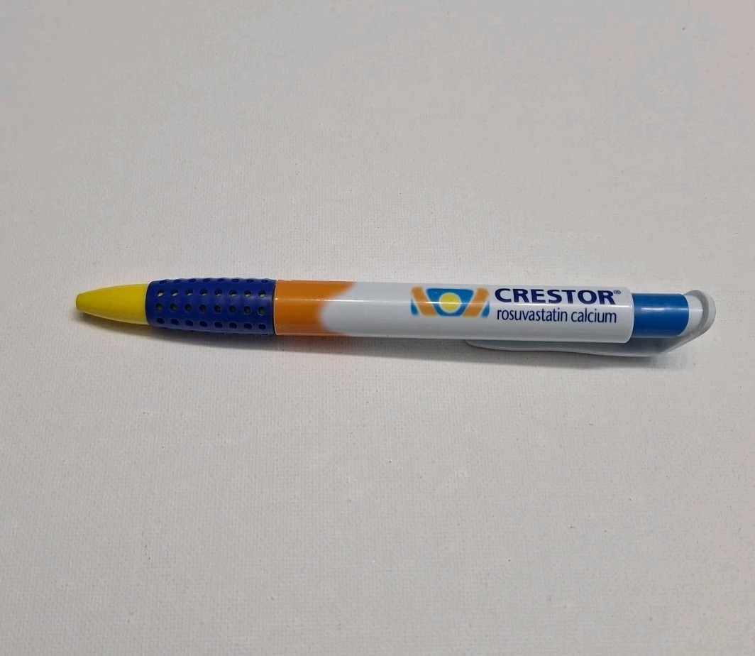 Crestor Drug Rep Pen Black Ink Works Blue Comfort Grip Yellow Tip