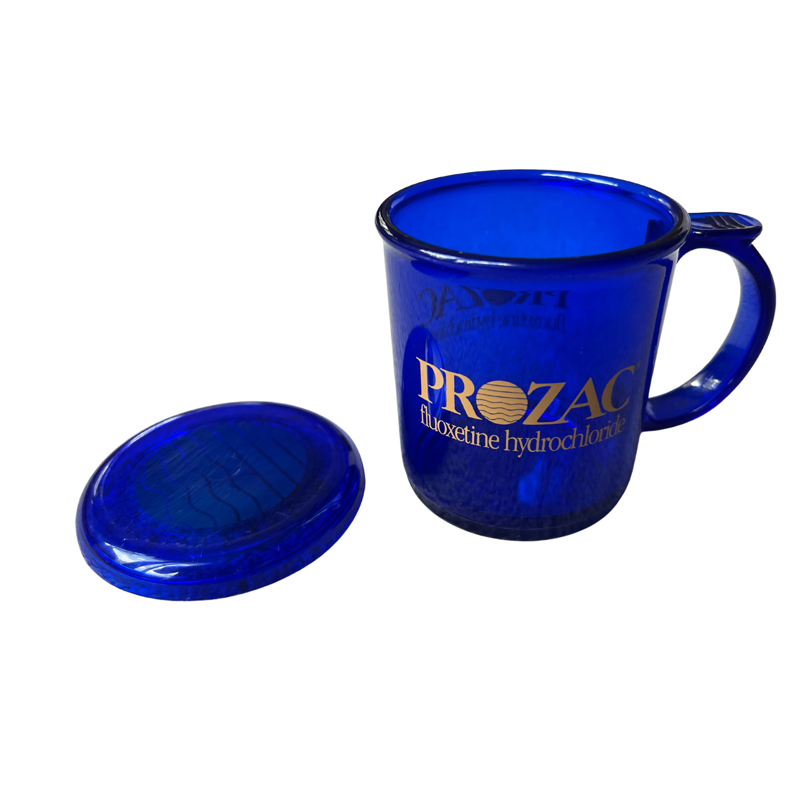 Prozac Pharmaceutical Pharma Drug Rep Promotional Mug – Blue Plastic with Lid