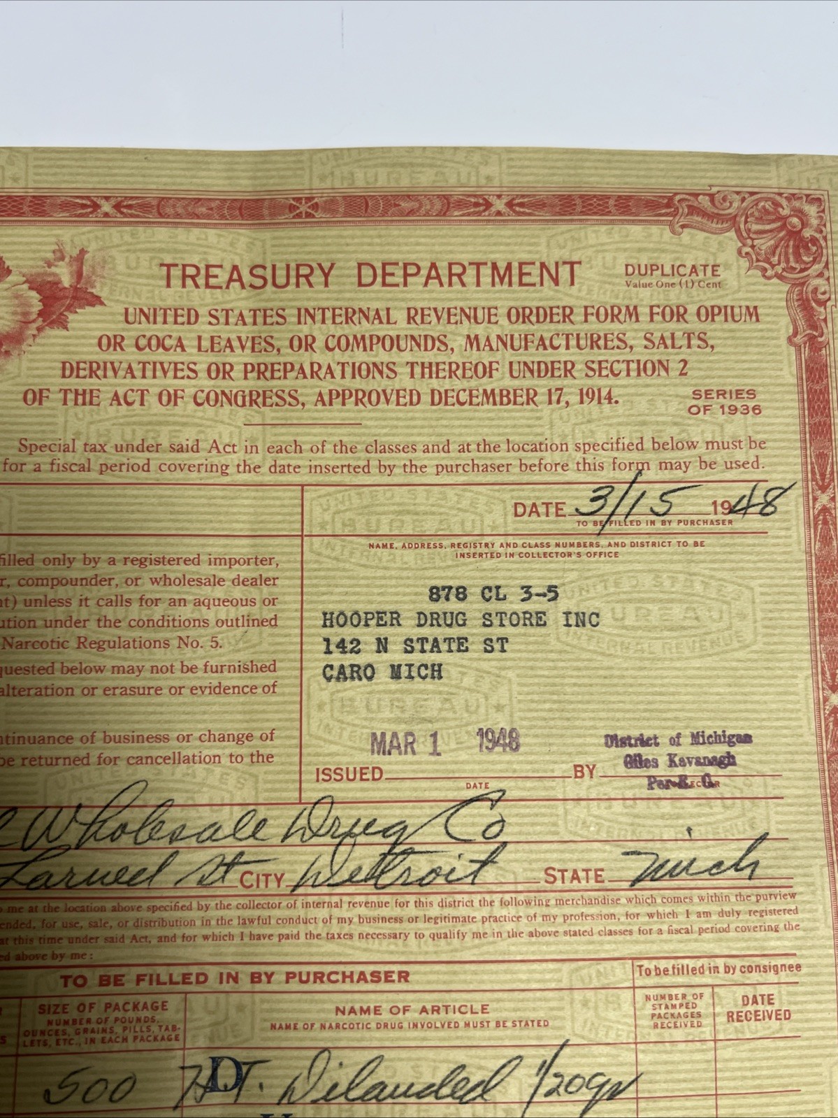 1930s-40s IRS Order Form For Opium/Coca Leaves Book Michigan Oddity