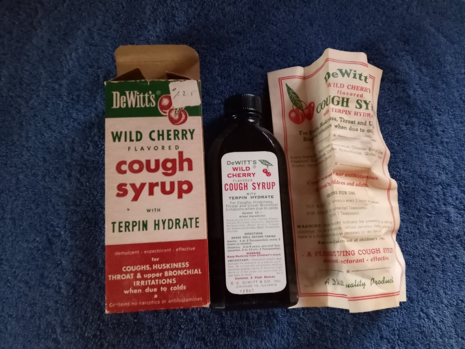 Vtg DeWitt’s Wild Cherry Flavored Box Paperwk Medicine Pharmacy Cough Syrup NOS