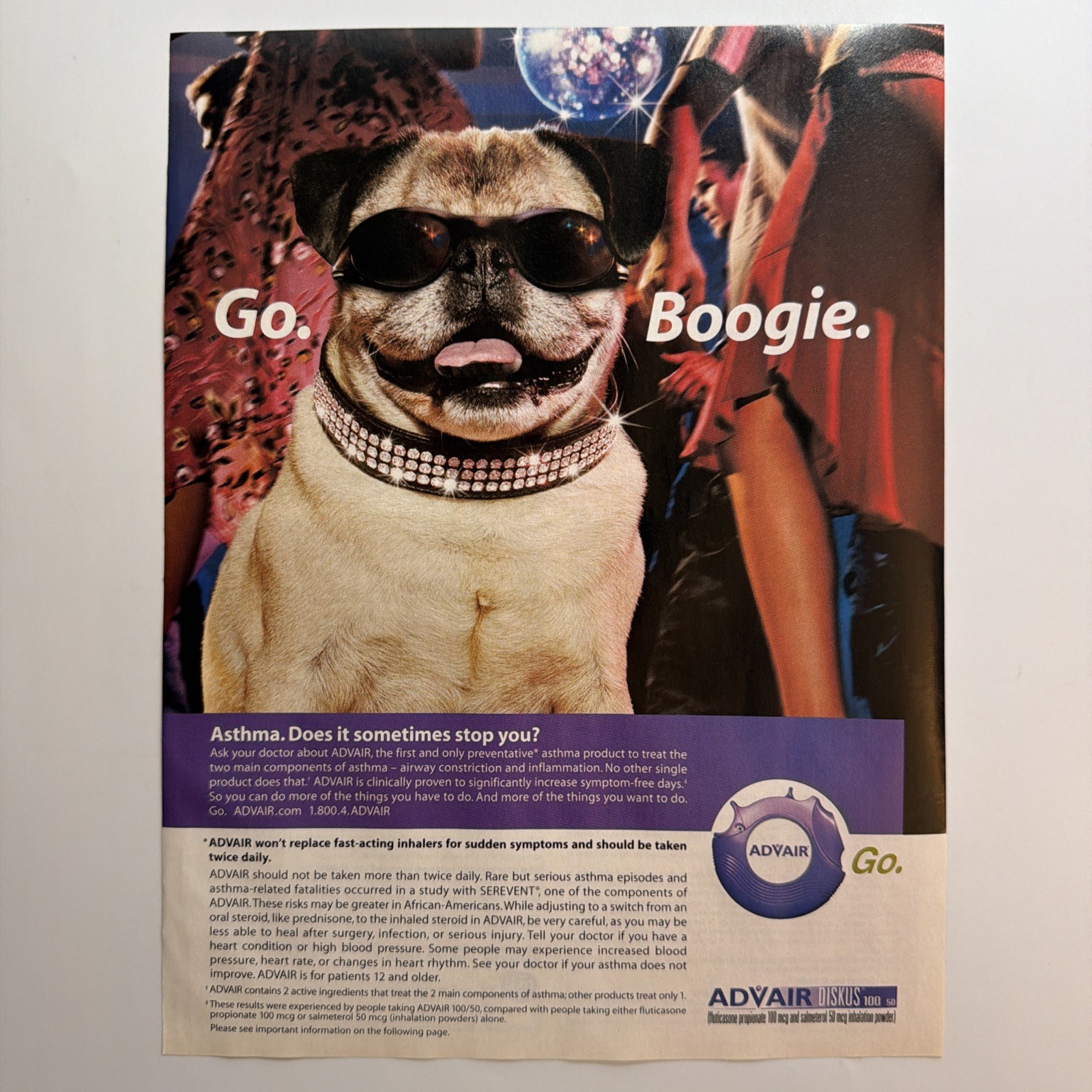 2003 Advair PRINT AD Pug Dog Sunglasses Dance Party Go Boogie Pharma Vintage 2Ks
