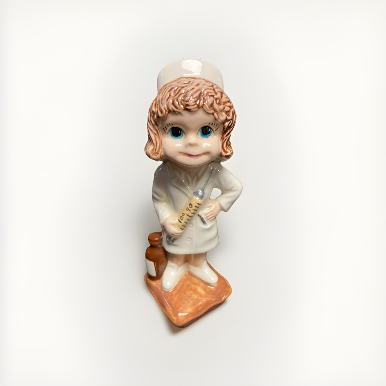 Vtg ‘85 Ceramic Big Eyed Smiley Nurse Figurine Whimsical Decor, Grad Presents