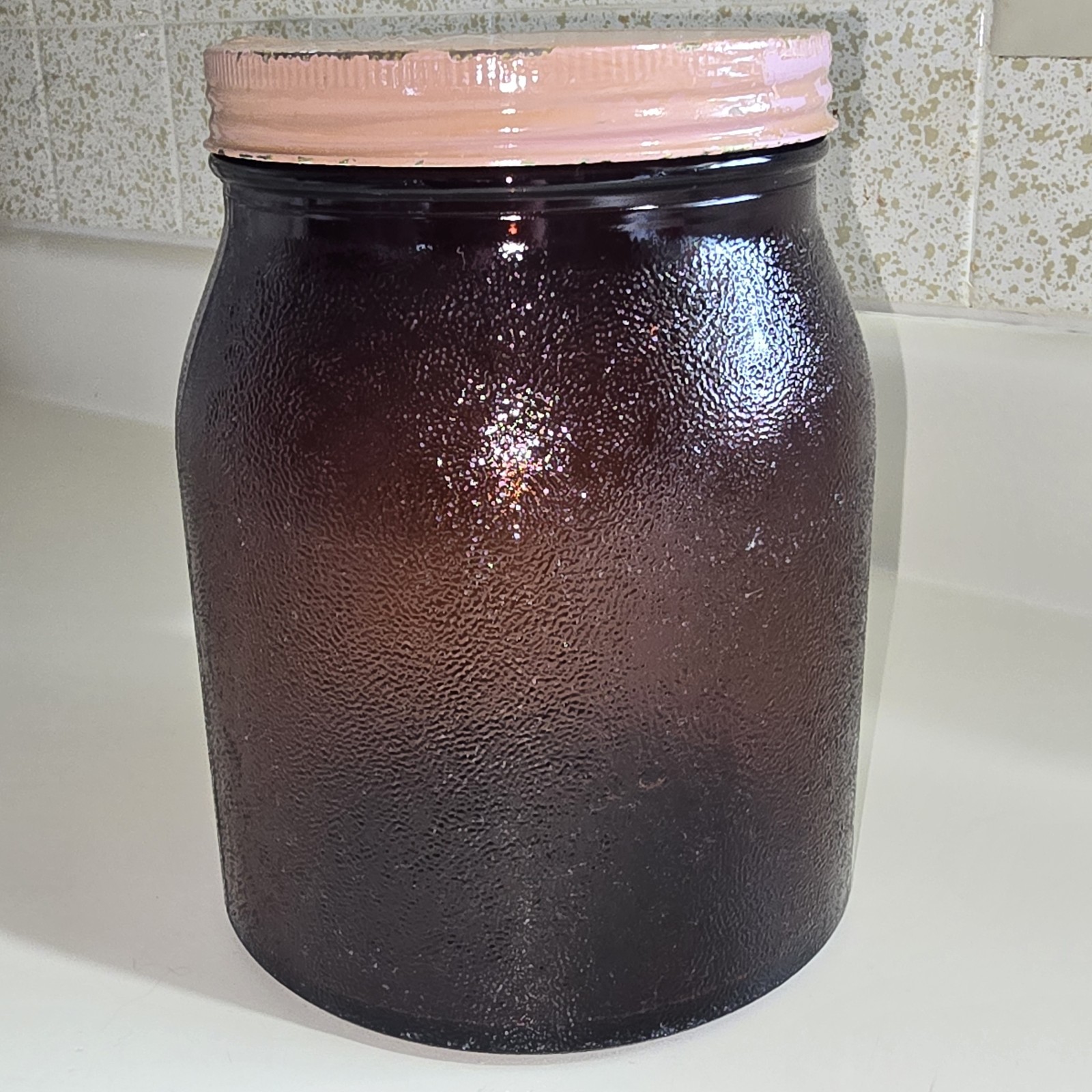 Antique Pharmacy Apothecary Wide Mouth Amber Brown Glass Gallon Jar & Lid RARE