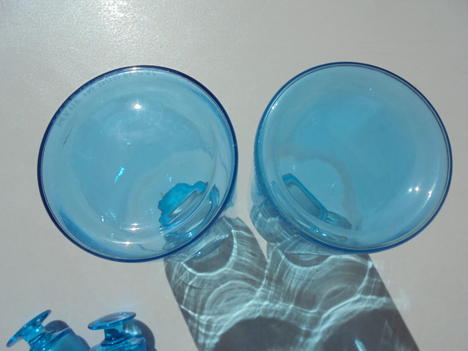Pr Vintage Blue Glass Apothecary Jars Made in Portugal Ground Stoppers 8 3/8″
