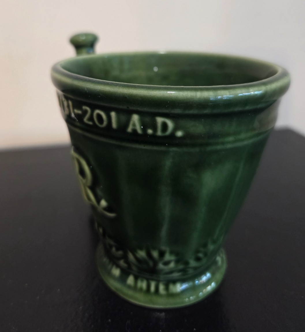 Vintage Coricidin Green Pottery Mug RX Galen Schering Pharmacy Cup Mortar Pestle