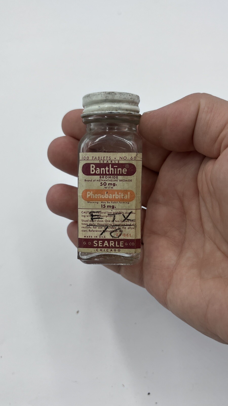 c1950s 100 tablets No.60 Banthine Bromide Searle Co. Bottle ,EMPTY