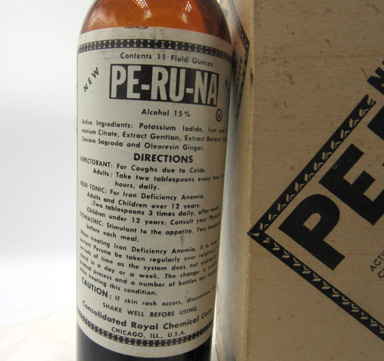 BW – 1950’s Pe-Ru-Na Iron Tonic Chicago Ill 8 5/8 ” Amber Medicine bottle
