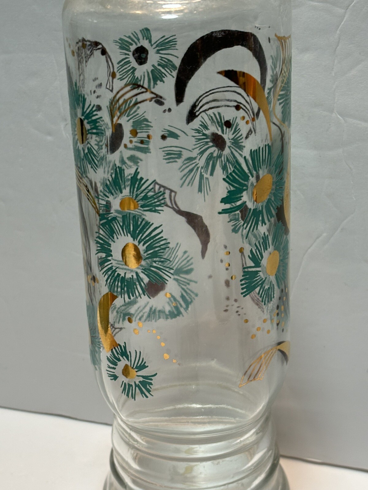ViNTaGe MiD CeNTuRy GLaSs 11″ Apothecary Jar ReTRo AQuA BLuE & GoLD FLYING BIRDS