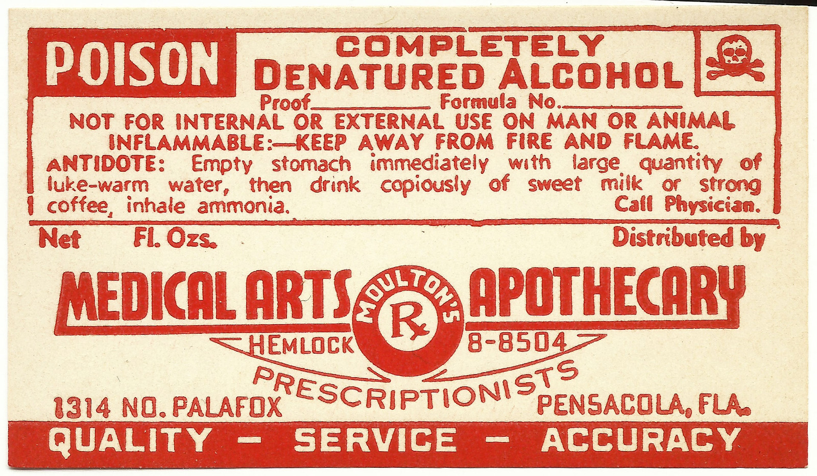 1 Antique Pharmacy Label DENATURED ALCOHOL Medical Arts Apothecary Pensacola
