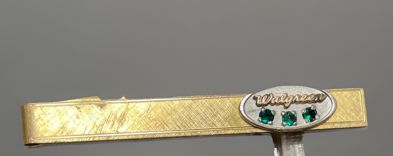 Vintage Walgreens Employee Tie Clip Gold w/ Green Stones 1960s–80s