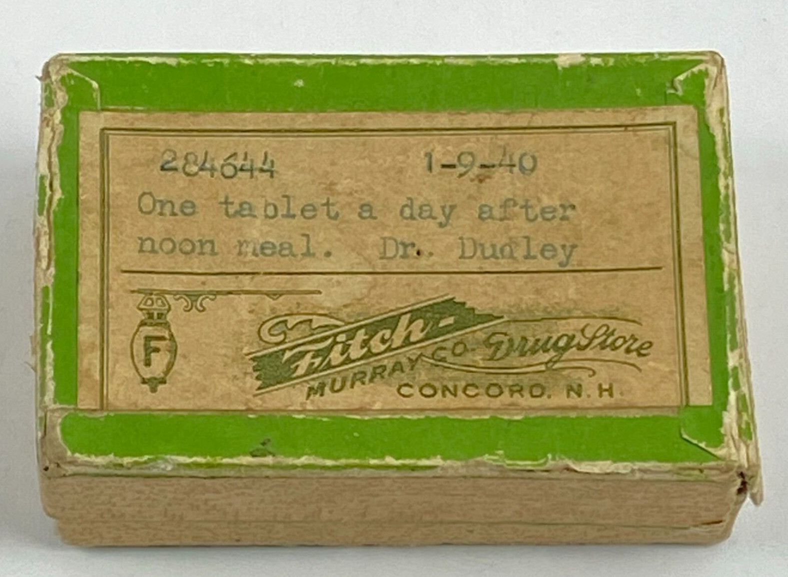 1940 Prescription Medicine Pill Box Fitch Murray Drug Store Concord NH Vintage