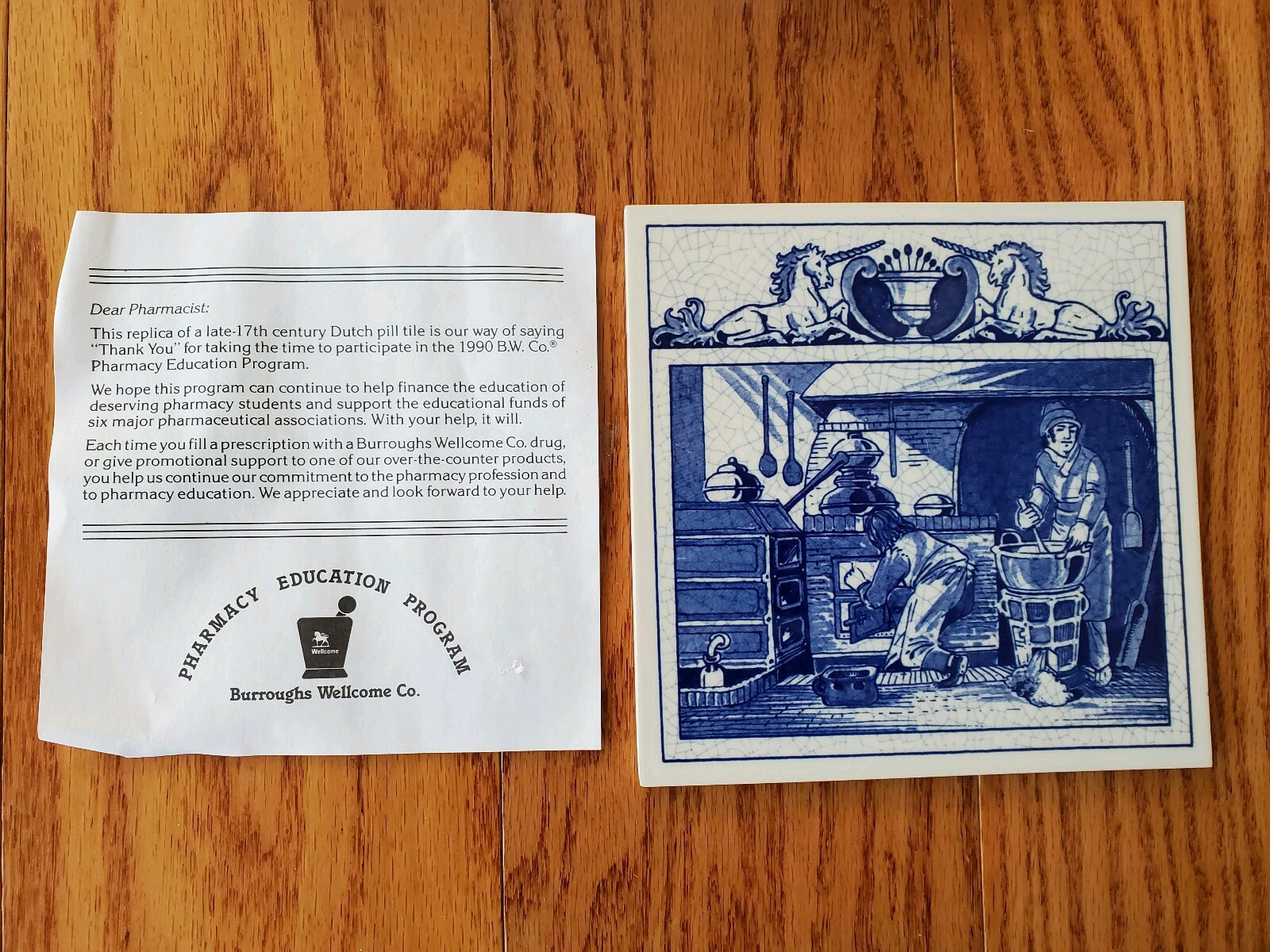 BLUE DELFT SCHOONHAVEN HOLLAND HANDMADE PILL TILE 1990 BURROUGHS WELLCOME CO.