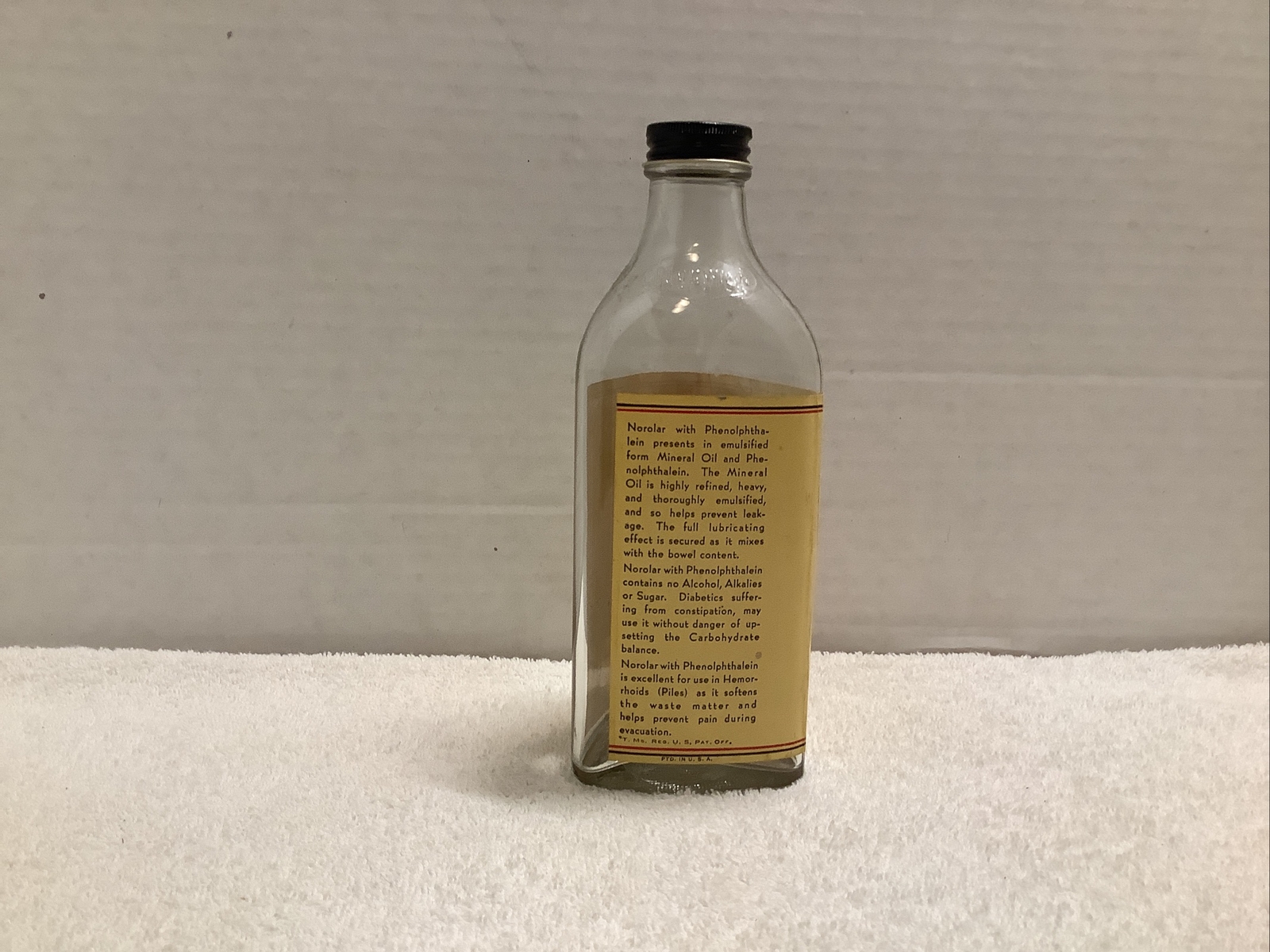 Vtg 1 Pint Pharmacy Glass Bottle Norolar Mineral Oil Constipation Remedy Empty