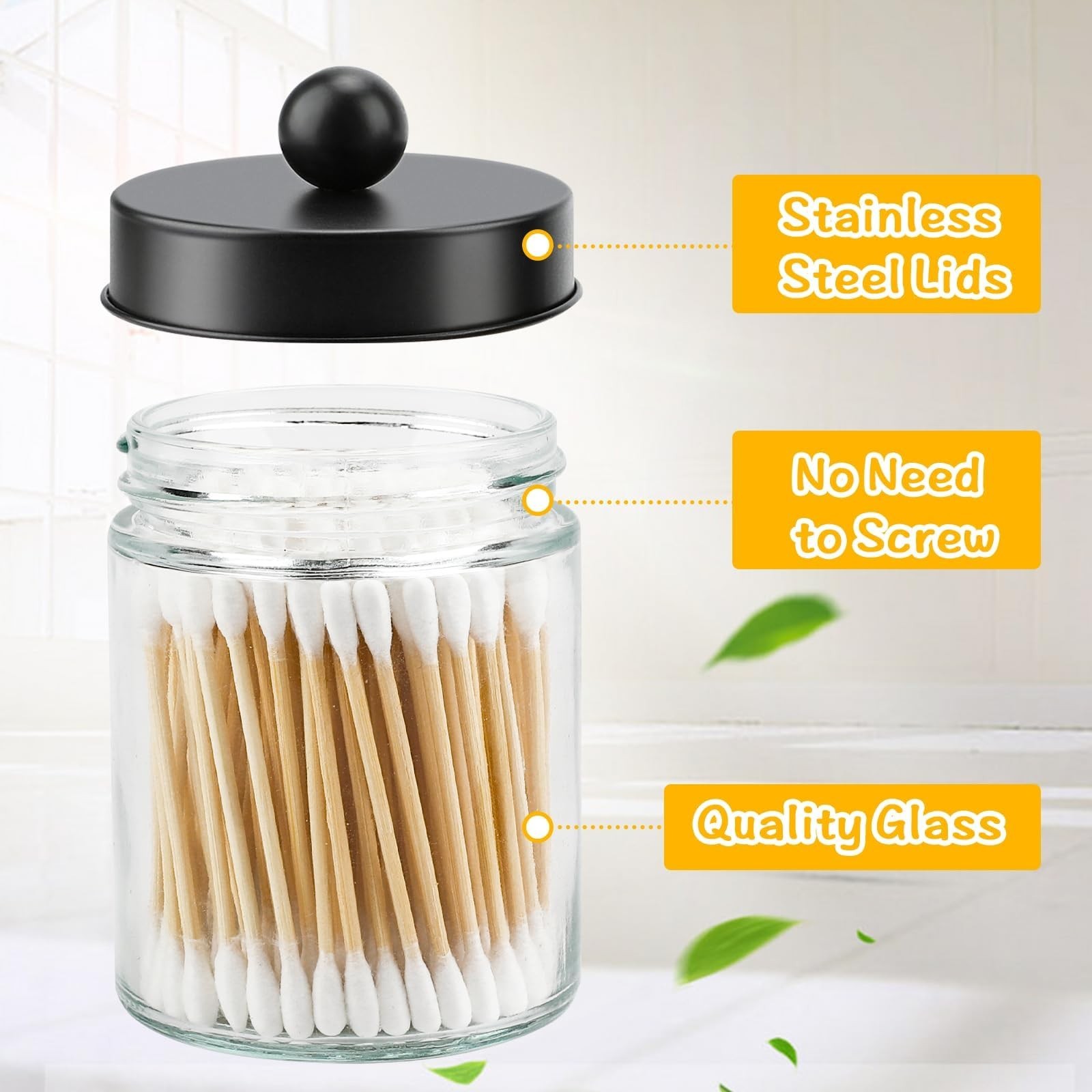 2 Pack Glass Apothecary Jars with Lids for Bathroom, Cute Qtip Holder, Black …