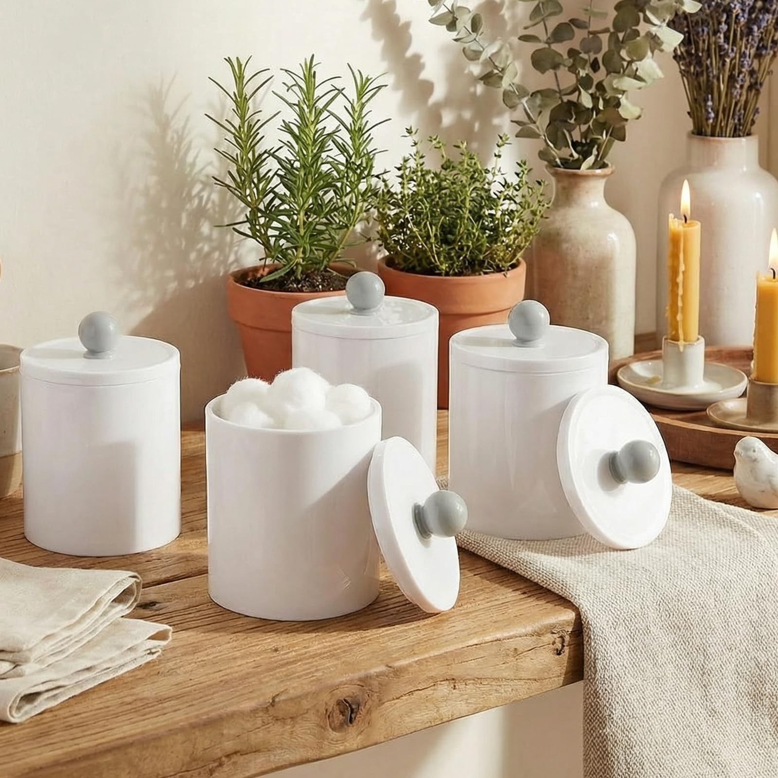 SheeChung 6 Pack White Acrylic Apothecary Jars – Shatterproof Qtip Holder Dis…