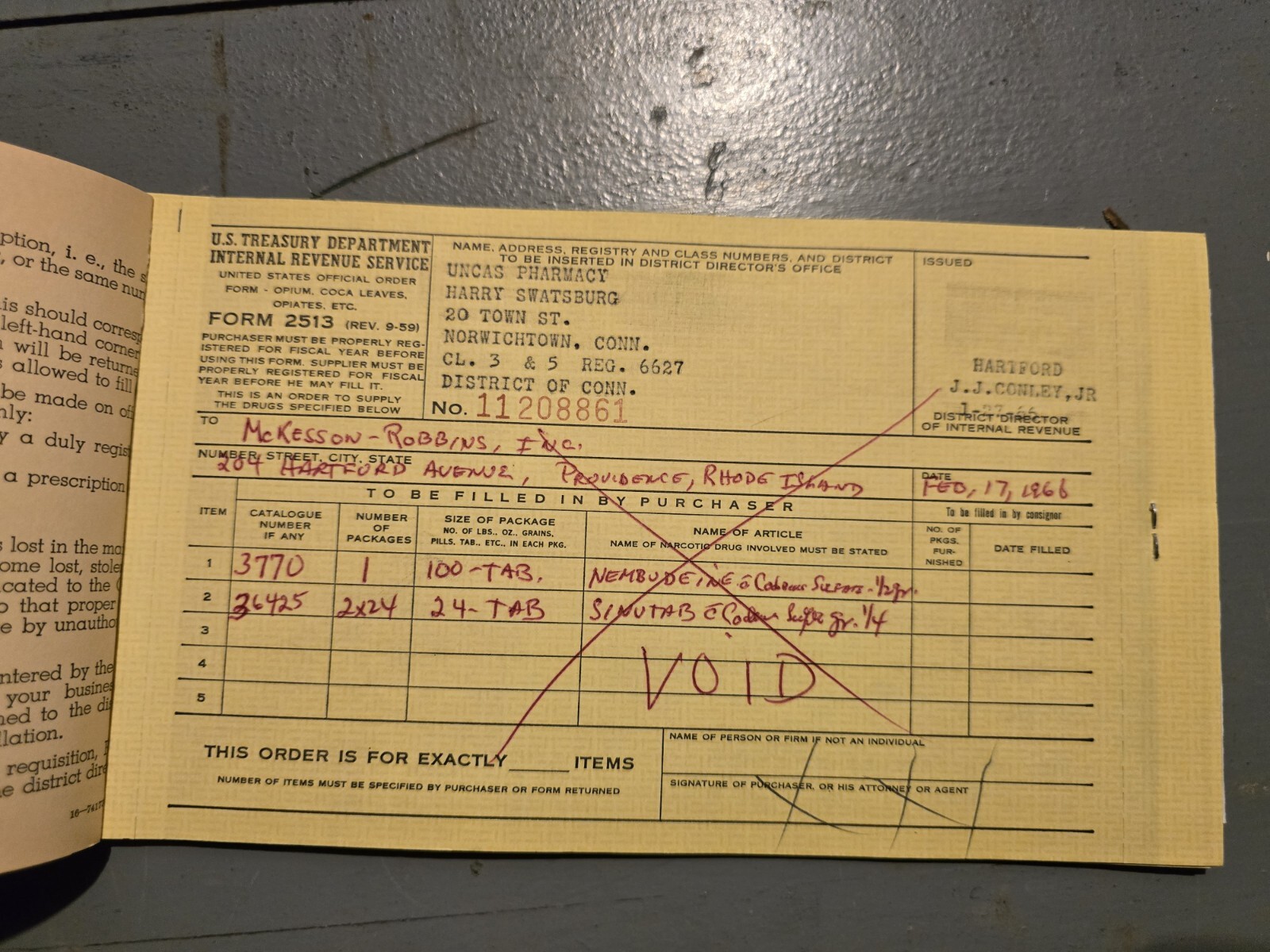 Vintage US Treasury IRS Opium Coca Leaves Opiates Narcotic Order Form 1966
